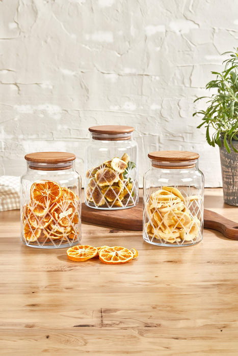 Selka Home - 3'lü Kesme Detaylı Ahşap Kapak Kavanoz 890 ML - Selka Home | Şık tasarımlar akıllı çözümler