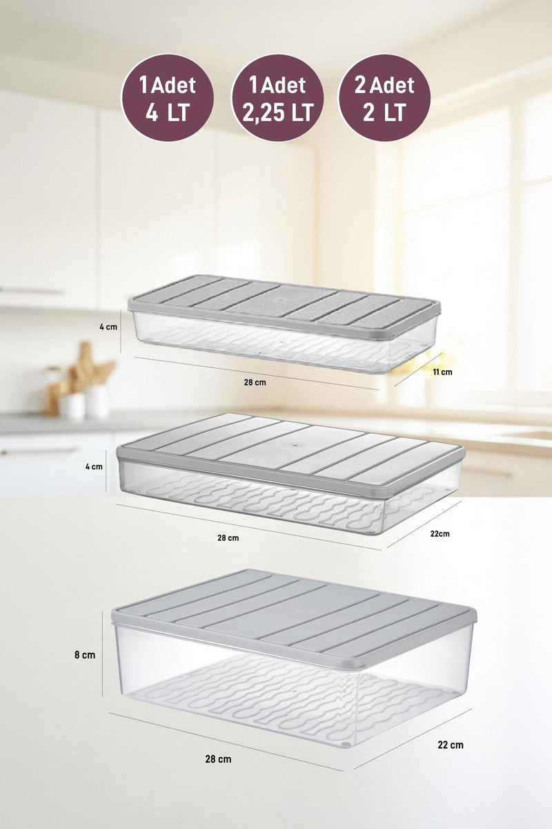 4'lü Set Nora Organizer Buzdolabı Buzluk Düzenleyici Saklama Kabı( 1 Ad. 4 Lt. 1 Ad. 2,25 Lt. 2 Ad. 1 Lt. )