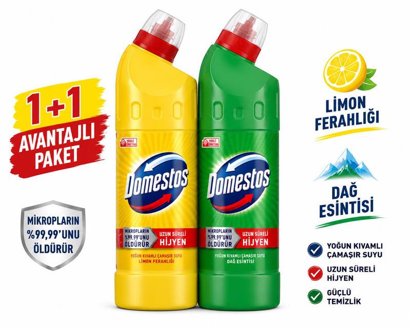 Domestos Yoğun Kıvamlı Çamaşır Suyu 750 ml 1+1 Avantaj Paketi Limon Ferahlığı + Dağ Esintisi