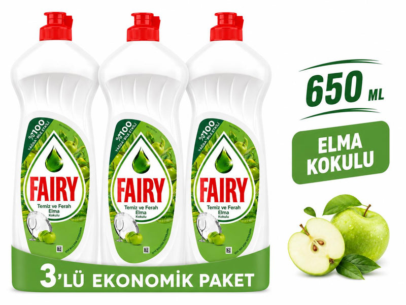 Fairy Orijinal Elma Kokulu Bulaşık Deterjanı 650 ml x 3'lü Ekonomik Paket Elde Bulaşık Yıkama Deterjanı