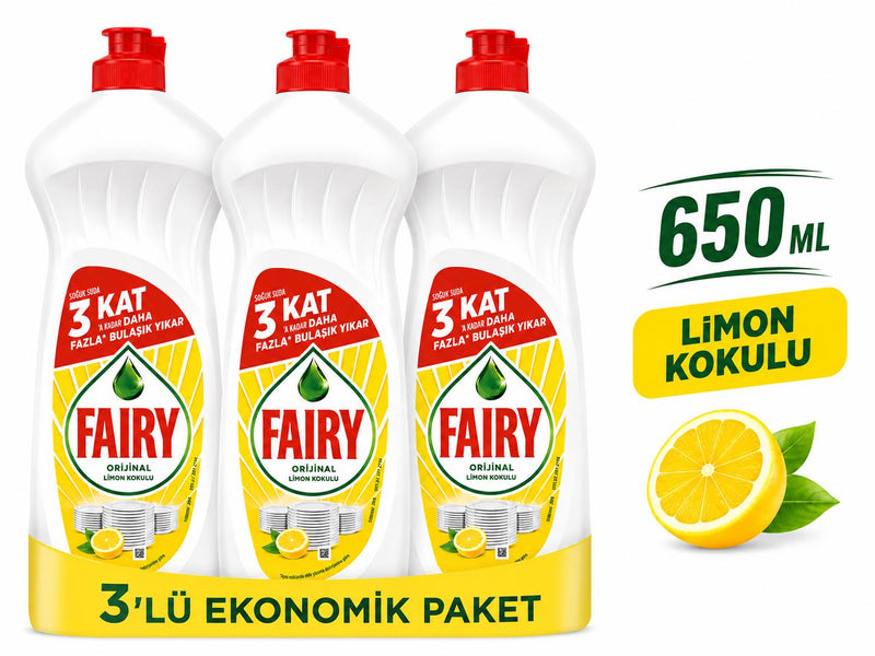 Fairy Orijinal Limon Kokulu Bulaşık Deterjanı 650 ml x 3'lü Ekonomik Paket Elde Bulaşık Yıkama Deterjanı