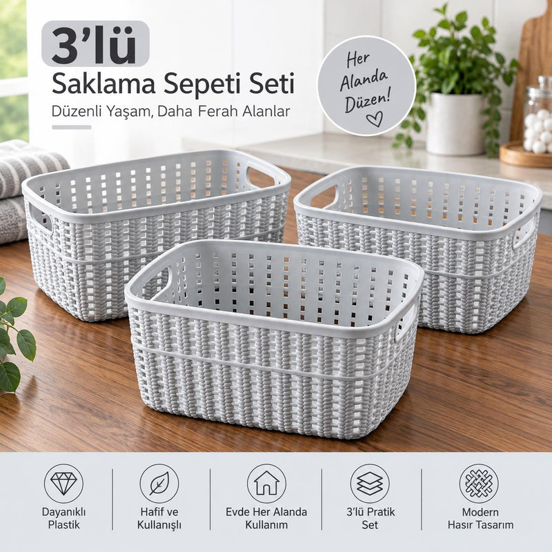 Selka Home Küçük Boy 3’lü Örgü Desenli Saklama Sepeti