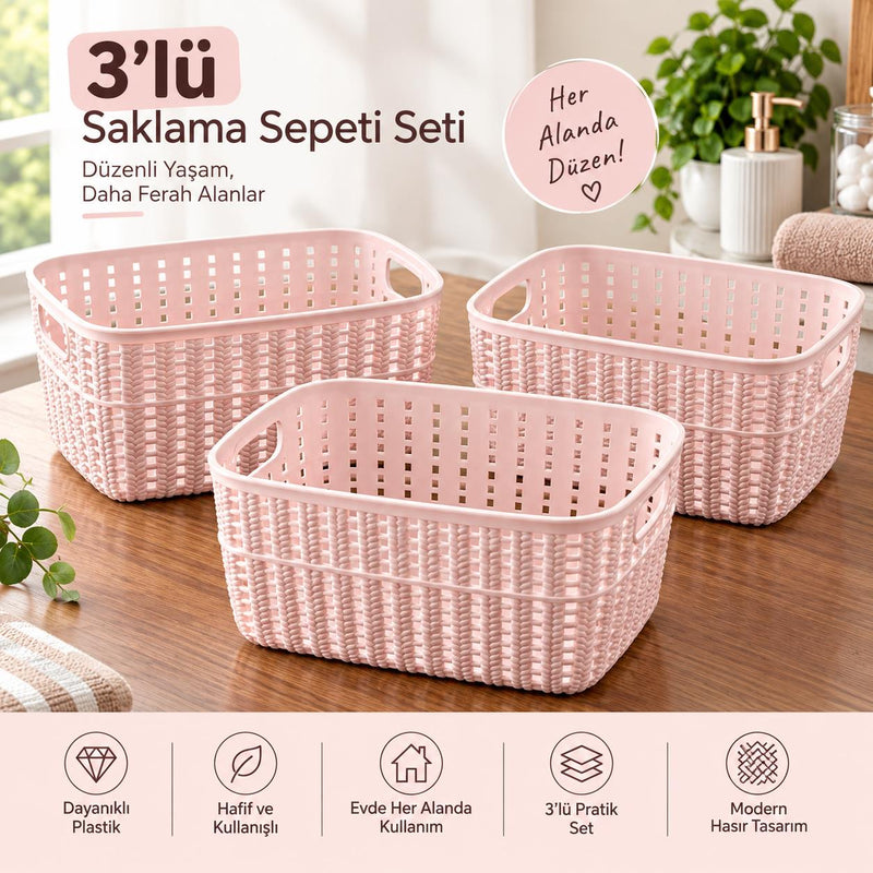 Selka Home Küçük Boy 3’lü Örgü Desenli Saklama Sepeti