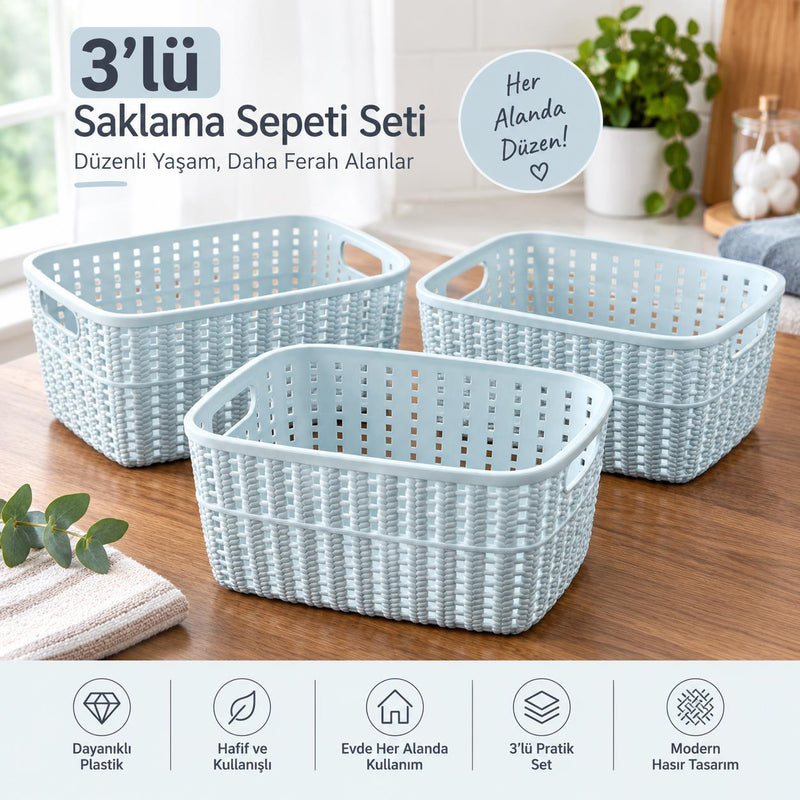 Selka Home Küçük Boy 3’lü Örgü Desenli Saklama Sepeti