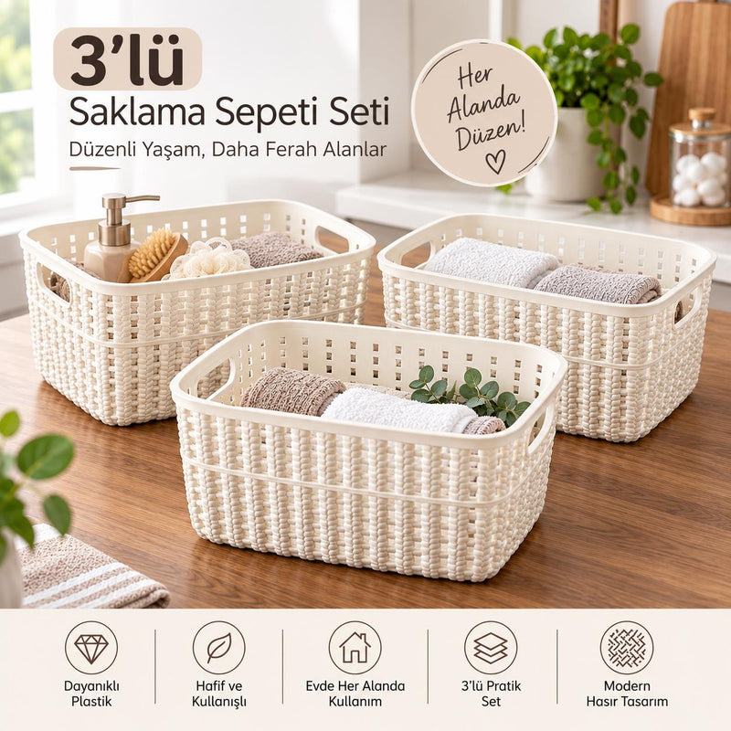 Selka Home Küçük Boy 3’lü Örgü Desenli Saklama Sepeti