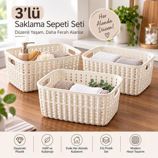 Selka Home Küçük Boy 3’lü Örgü Desenli Saklama Sepeti - Selka Home | Şık tasarımlar akıllı çözümler