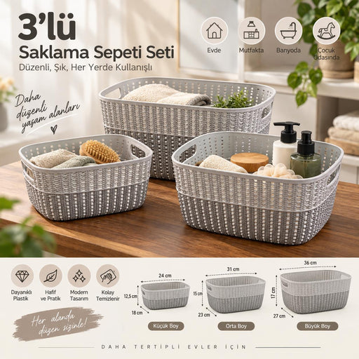 Selka Home 3’lü Örgü Desenli Saklama Sepeti – Küçük Orta Büyük Boy Set - Selka Home | Şık tasarımlar akıllı çözümler