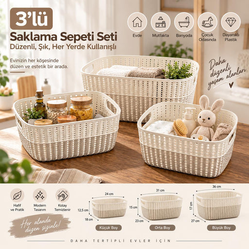 Selka Home 3’lü Örgü Desenli Saklama Sepeti – Küçük Orta Büyük Boy Set - Selka Home | Şık tasarımlar akıllı çözümler