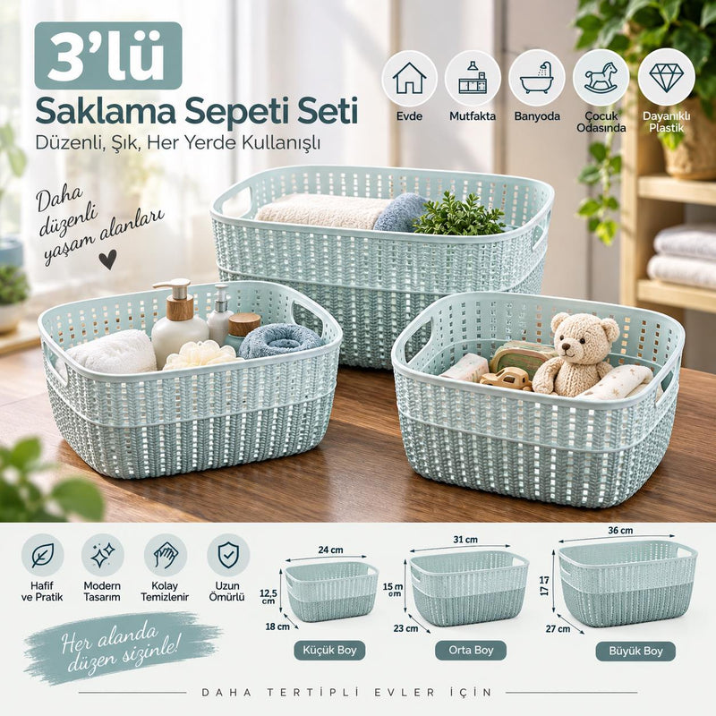 Selka Home 3’lü Örgü Desenli Saklama Sepeti – Küçük Orta Büyük Boy Set