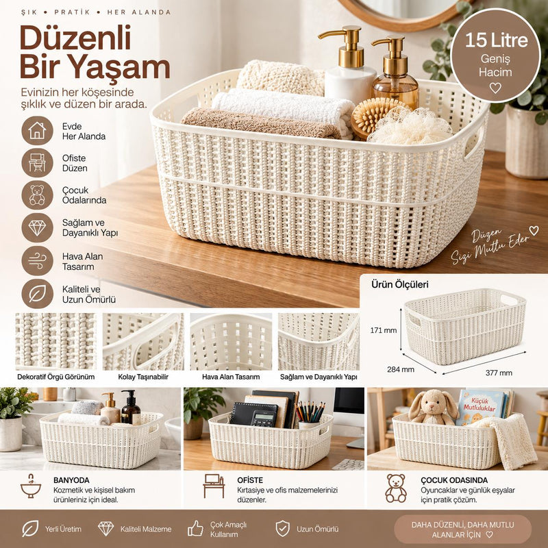 Selka Home Büyük Boy 3’lü Örgü Desenli Saklama Sepeti