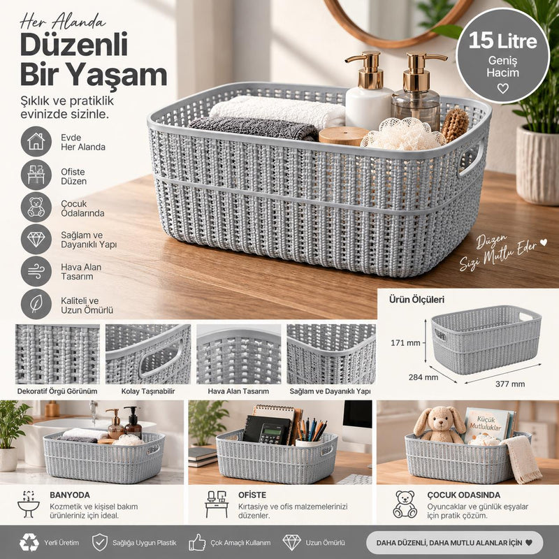 Selka Home Büyük Boy 3’lü Örgü Desenli Saklama Sepeti
