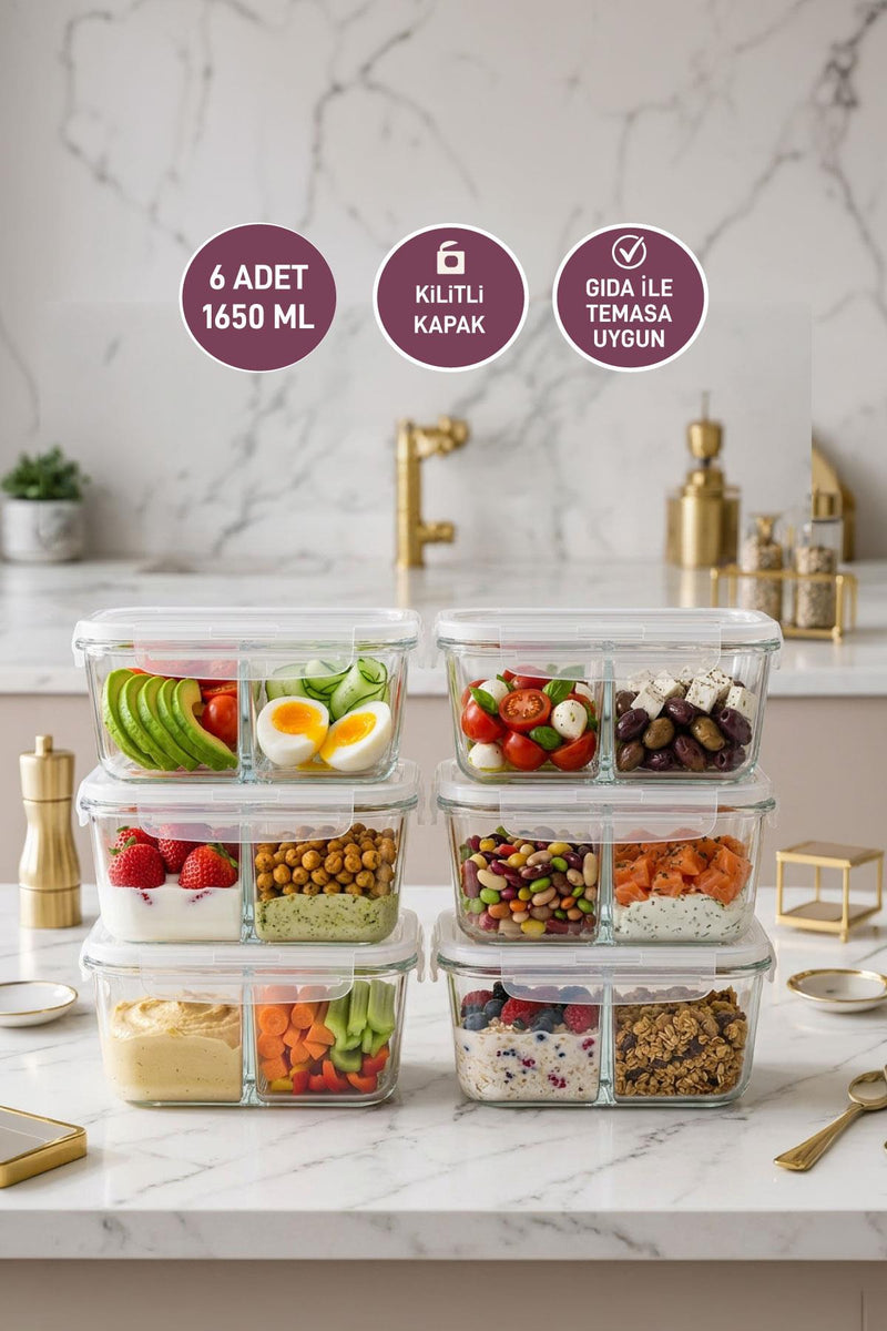 Selka Home Sofia 6 Adet 1650 ML. 2 Bölmeli Cam Saklama Kabı