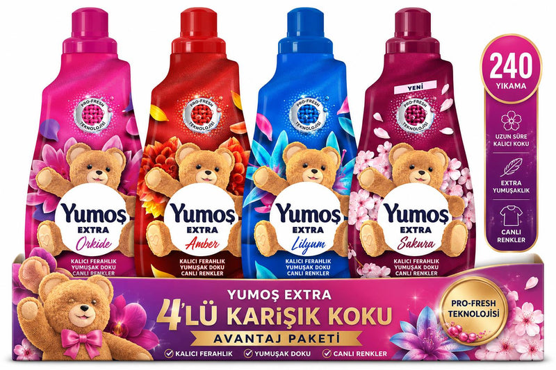 Yumoş Extra Karışık Koku Konsantre Yumuşatıcı Seti 4'lü Paket 1440 ml x 4 (240 Yıkama) Orkide - Amber - Lilyum - Sakura